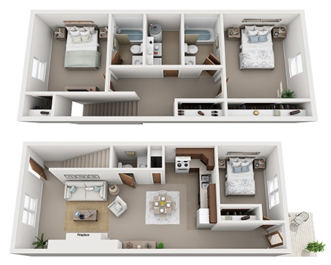 Floor plan for 3 beds, 2.5 baths, 1280 sqft